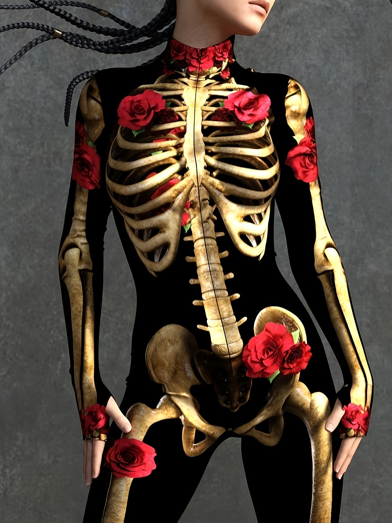 Women Skeleton Print Halloween Costume Jumpsuit | Long Sleeve Stretchy