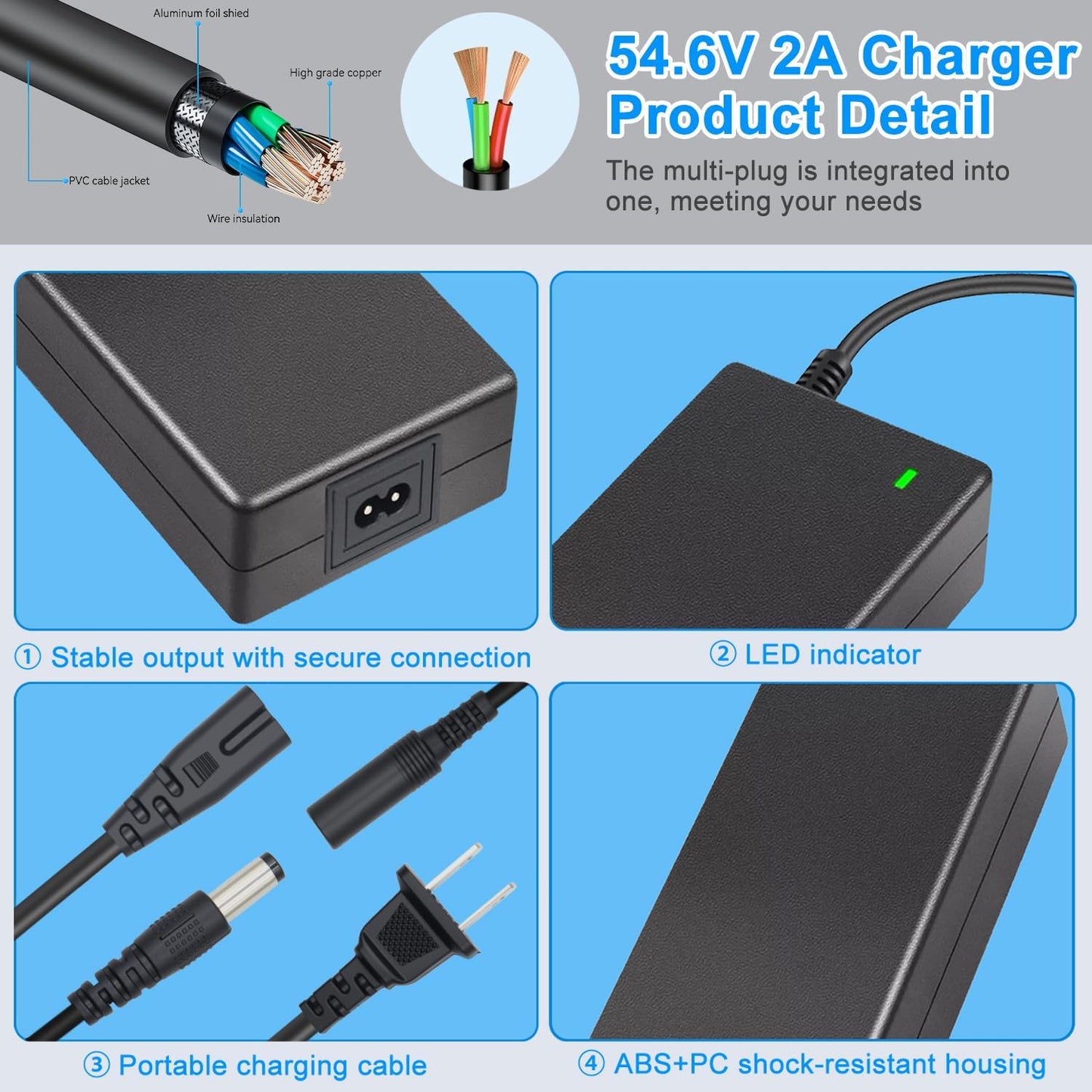 54.6V 2A Fast Charger with 7-in-1 Plugs 48V Electric Scooter Charger Universal Battery Charger