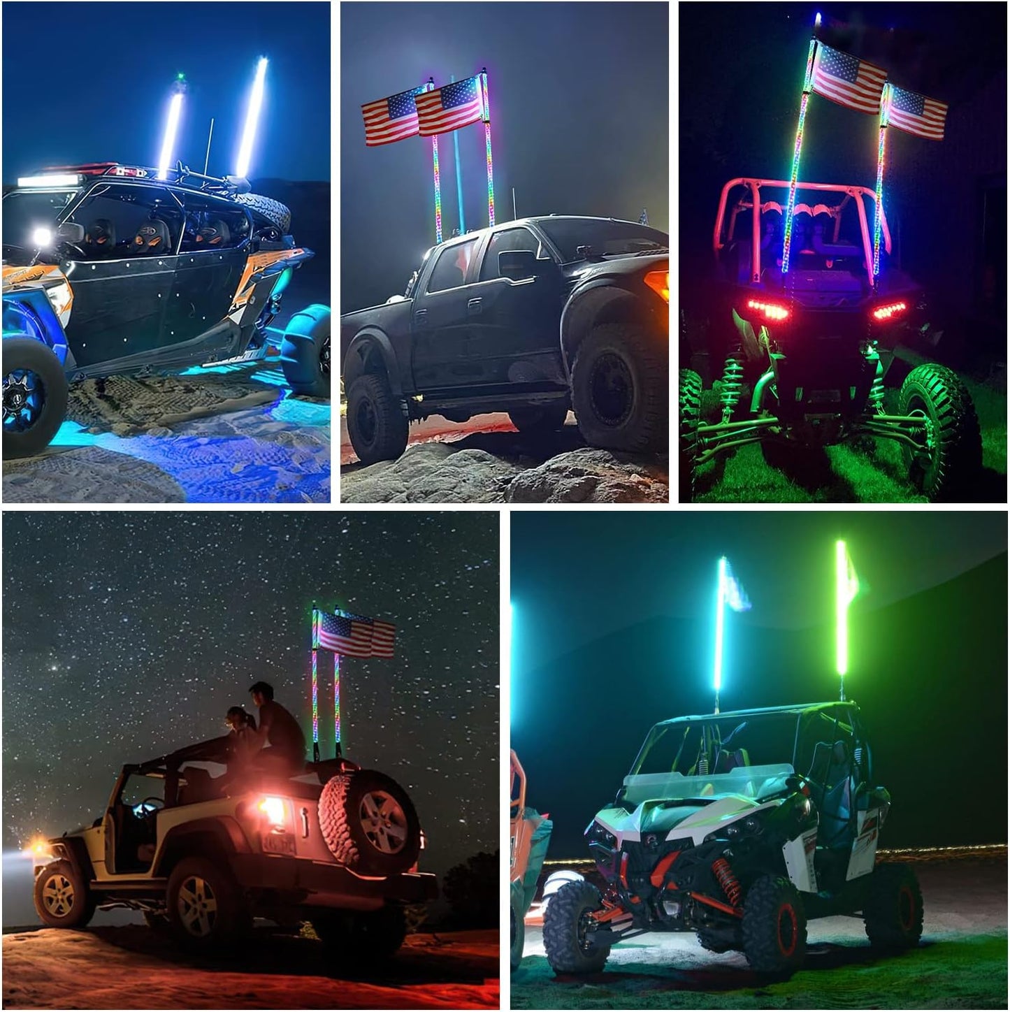 2PCS 3FT Spiral RGB Led Whip Light w/RGB Chasing Light RF Remote Control
