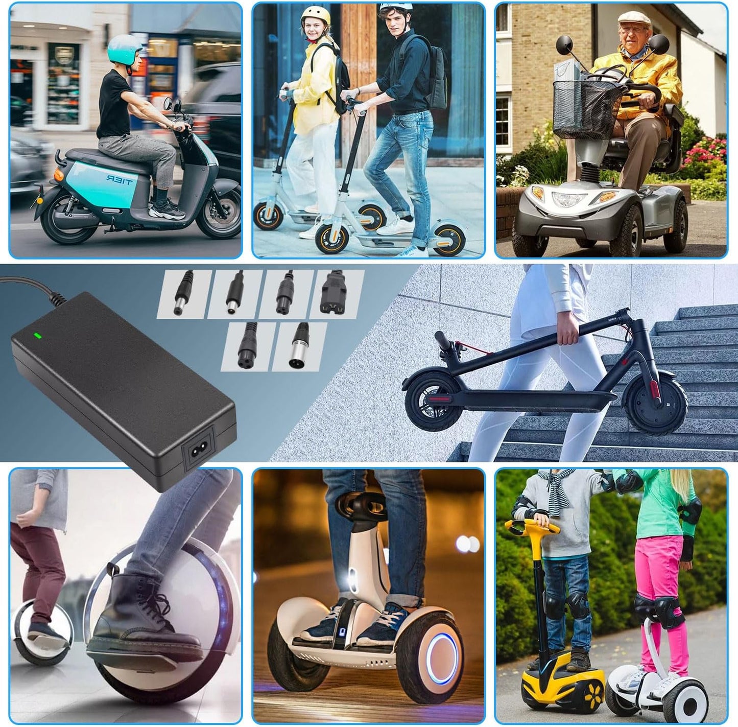 54.6V 2A Fast Charger with 7-in-1 Plugs 48V Electric Scooter Charger Universal Battery Charger