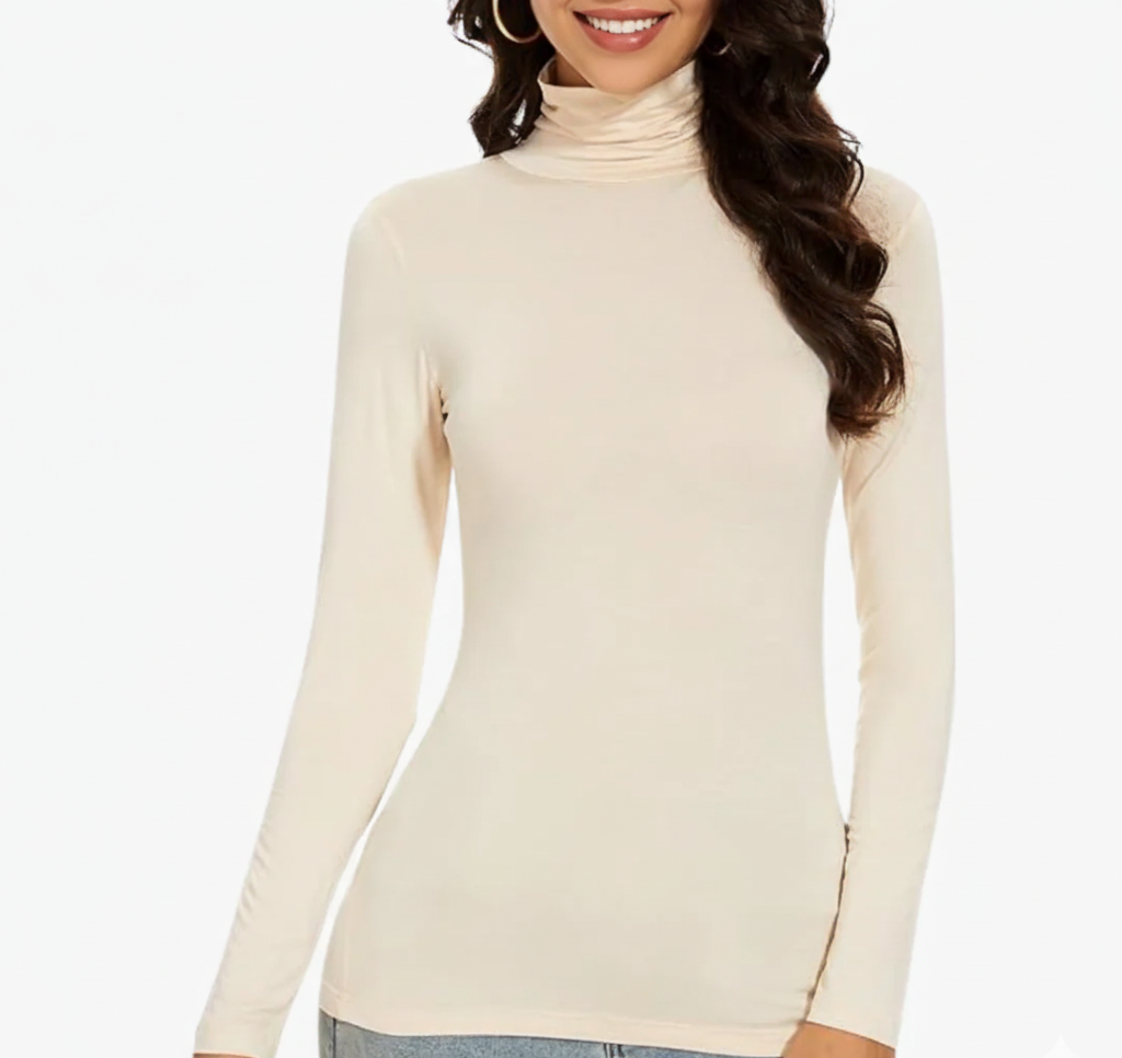 Women's Long Sleeve Turtleneck Top - Slim Fit Stretch Knit Basic Layering Shirt