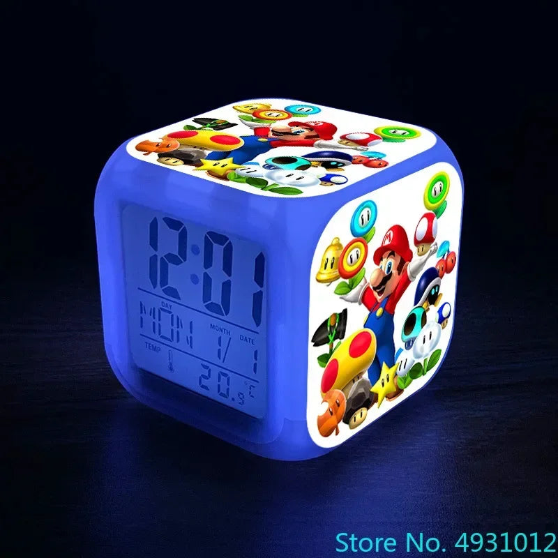 Anime Sonic & Mario Bros Figure Model LED Alarm Clock: 7-Color Touch Light Desk Watch