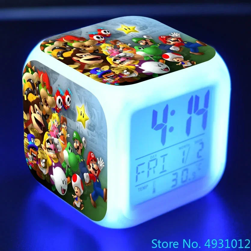 Anime Sonic & Mario Bros Figure Model LED Alarm Clock: 7-Color Touch Light Desk Watch