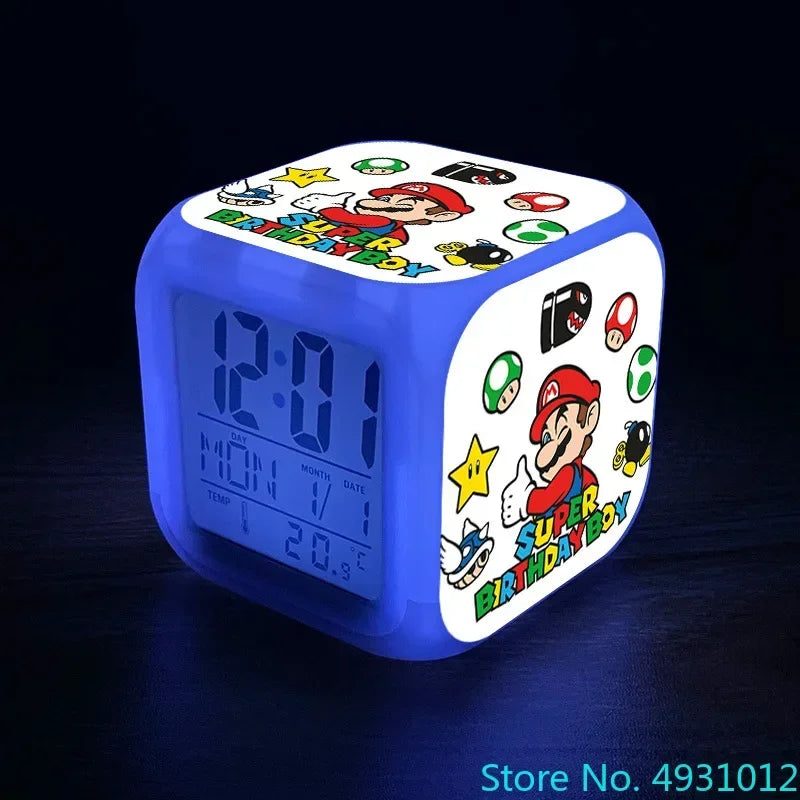 Anime Sonic & Mario Bros Figure Model LED Alarm Clock: 7-Color Touch Light Desk Watch