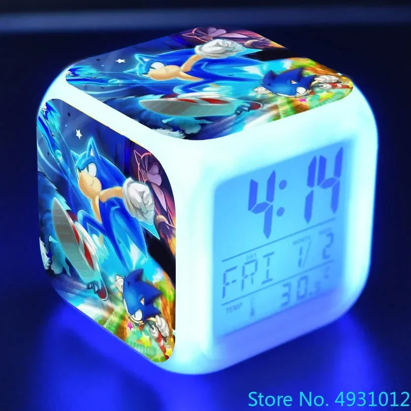 Anime Sonic & Mario Bros Figure Model LED Alarm Clock: 7-Color Touch Light Desk Watch
