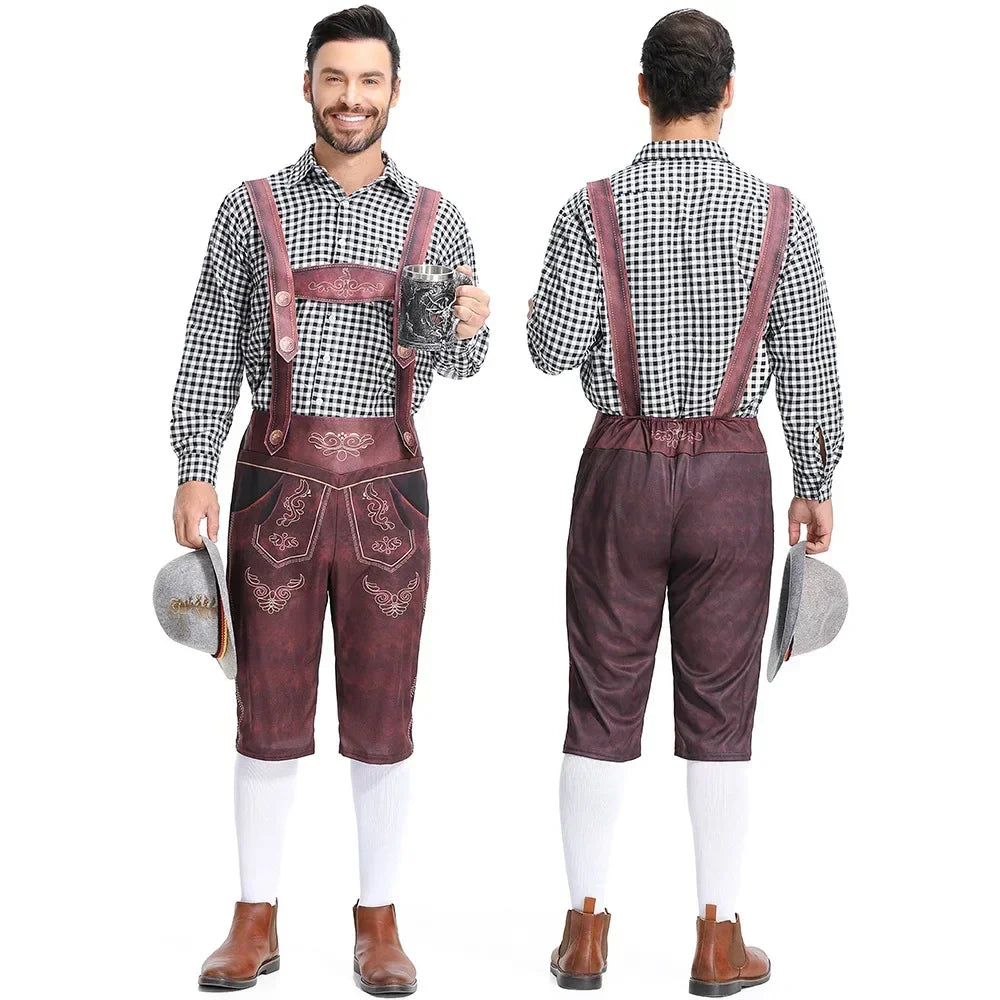Men’s Lederhosen Costume – Tailored Fit – Embossed Detailing – Embroidered Bib – Knee-Length