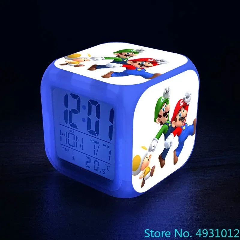 Anime Sonic & Mario Bros Figure Model LED Alarm Clock: 7-Color Touch Light Desk Watch