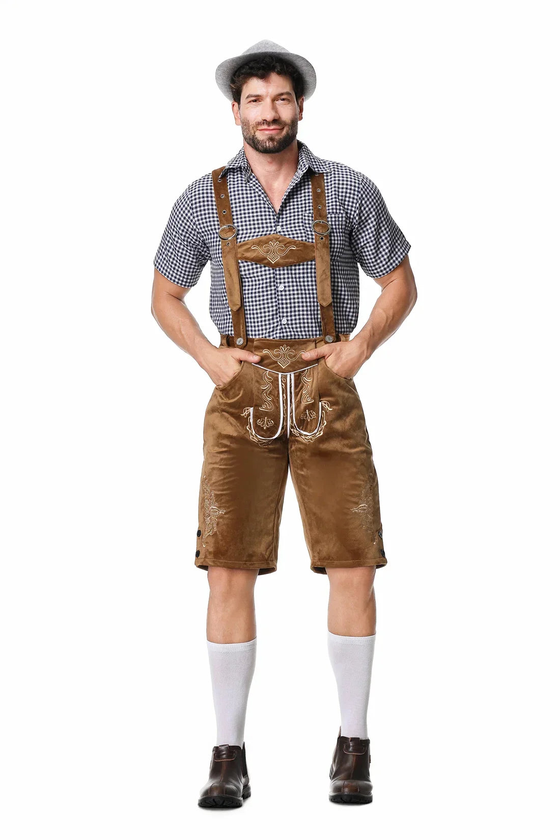 Men's Lederhosen – Traditional Fit – Faux Suede – Embroidered – Adjustable Suspenders