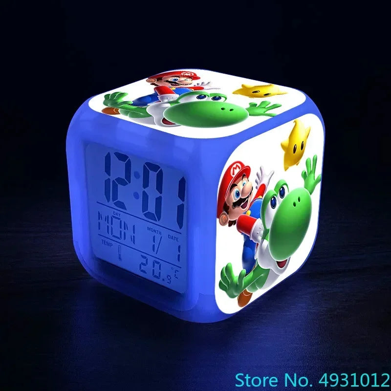 Anime Sonic & Mario Bros Figure Model LED Alarm Clock: 7-Color Touch Light Desk Watch