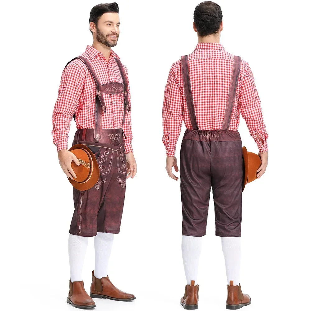 Men’s Lederhosen Costume – Tailored Fit – Embossed Detailing – Embroidered Bib – Knee-Length