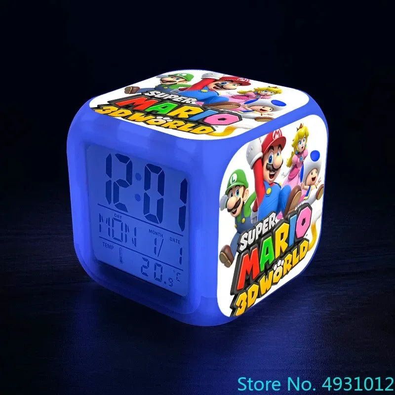 Anime Sonic & Mario Bros Figure Model LED Alarm Clock: 7-Color Touch Light Desk Watch