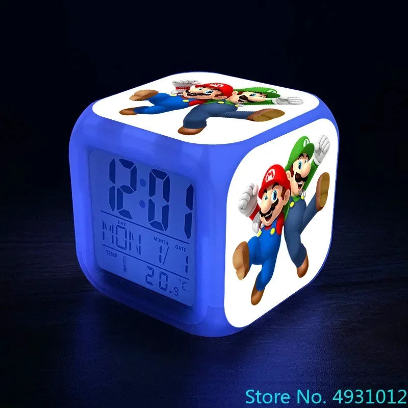 Anime Sonic & Mario Bros Figure Model LED Alarm Clock: 7-Color Touch Light Desk Watch