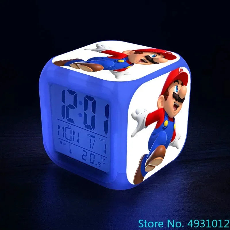 Anime Sonic & Mario Bros Figure Model LED Alarm Clock: 7-Color Touch Light Desk Watch