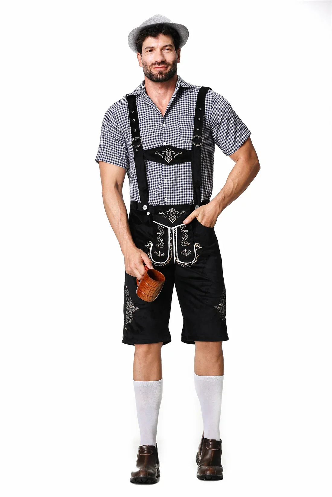 Men's Lederhosen – Traditional Fit – Faux Suede – Embroidered – Adjustable Suspenders