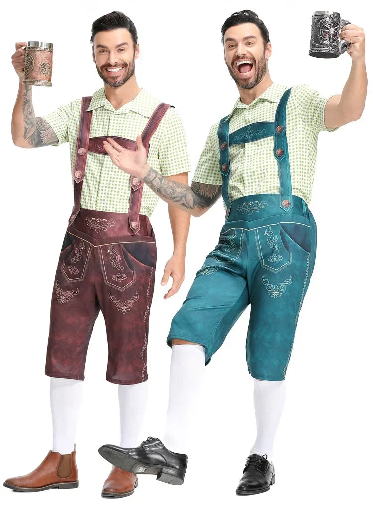 Men’s Lederhosen Costume – Tailored Fit – Embossed Detailing – Embroidered Bib – Knee-Length