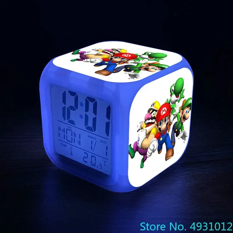Anime Sonic & Mario Bros Figure Model LED Alarm Clock: 7-Color Touch Light Desk Watch