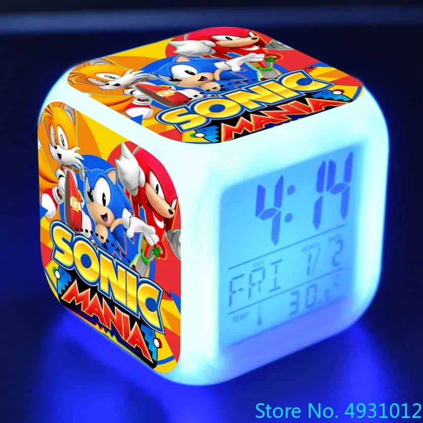 Anime Sonic & Mario Bros Figure Model LED Alarm Clock: 7-Color Touch Light Desk Watch