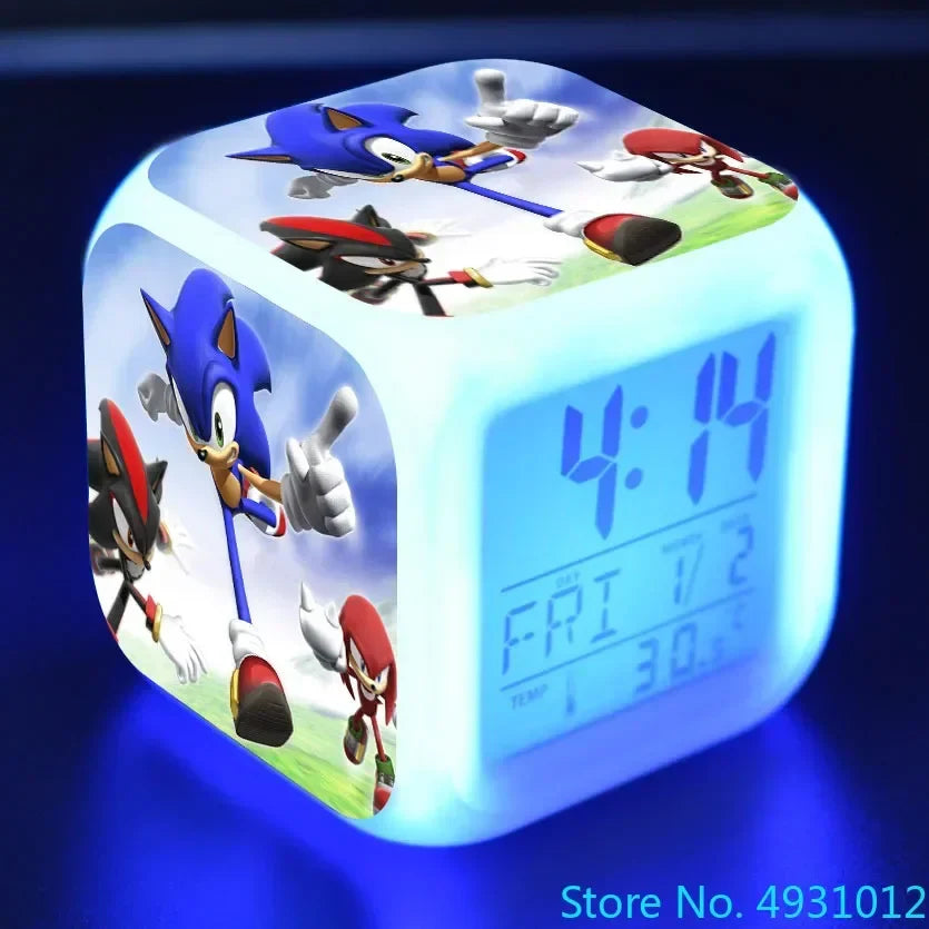 Anime Sonic & Mario Bros Figure Model LED Alarm Clock: 7-Color Touch Light Desk Watch