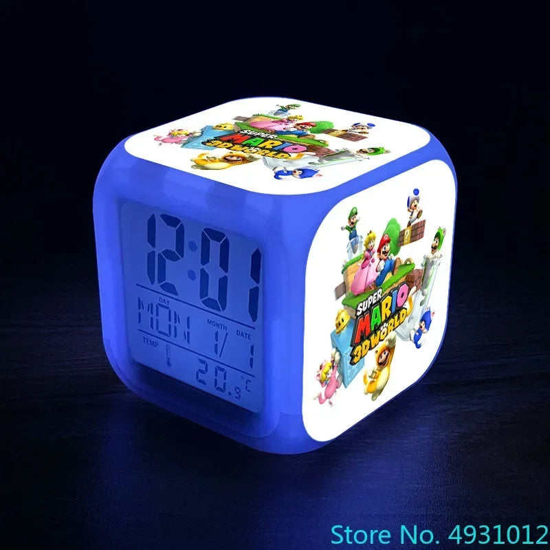 Anime Sonic & Mario Bros Figure Model LED Alarm Clock: 7-Color Touch Light Desk Watch