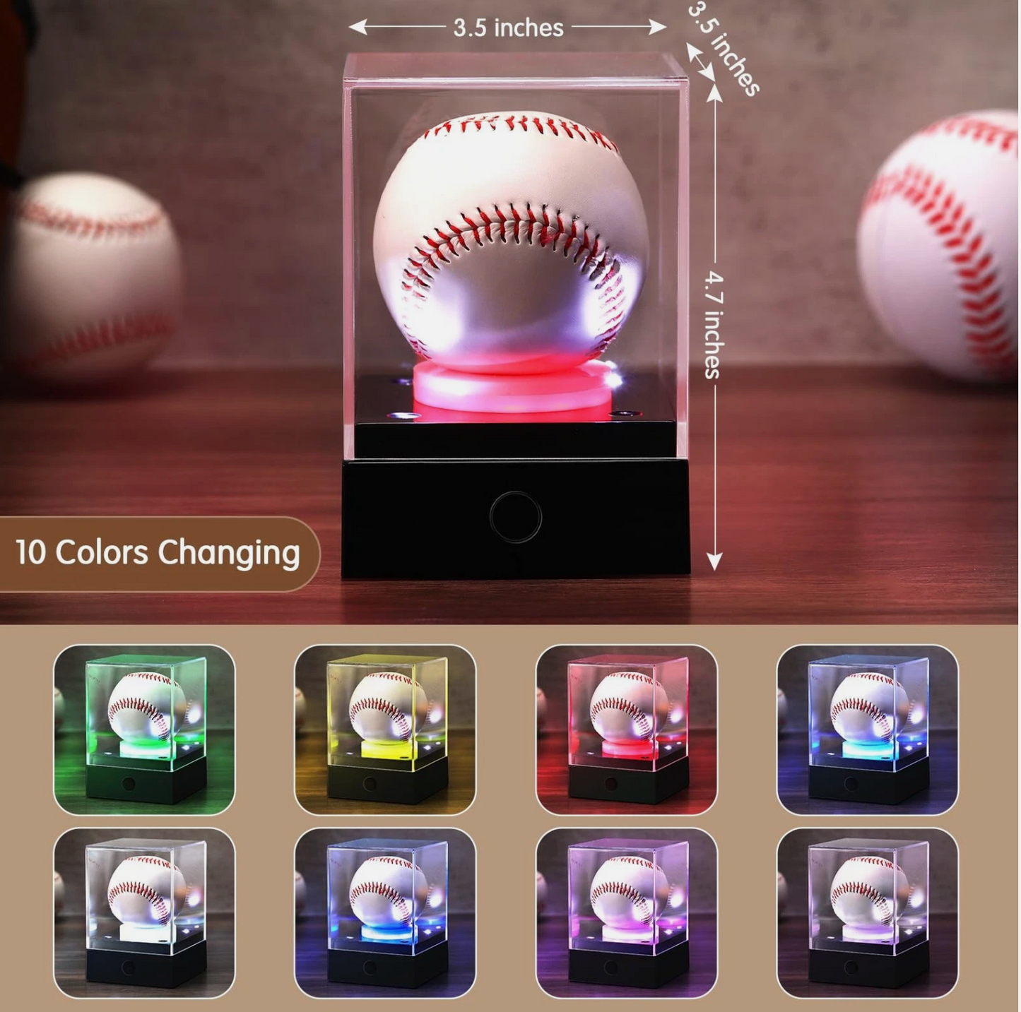 4 Pcs Baseball Display Case with LED Light Acrylic Softball