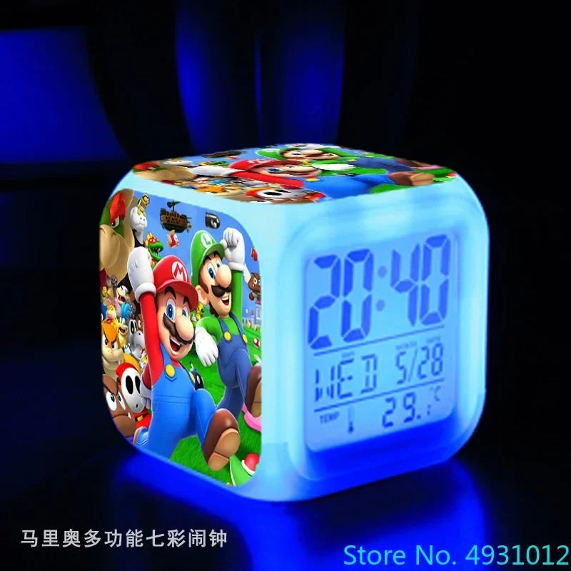 Anime Sonic & Mario Bros Figure Model LED Alarm Clock: 7-Color Touch Light Desk Watch
