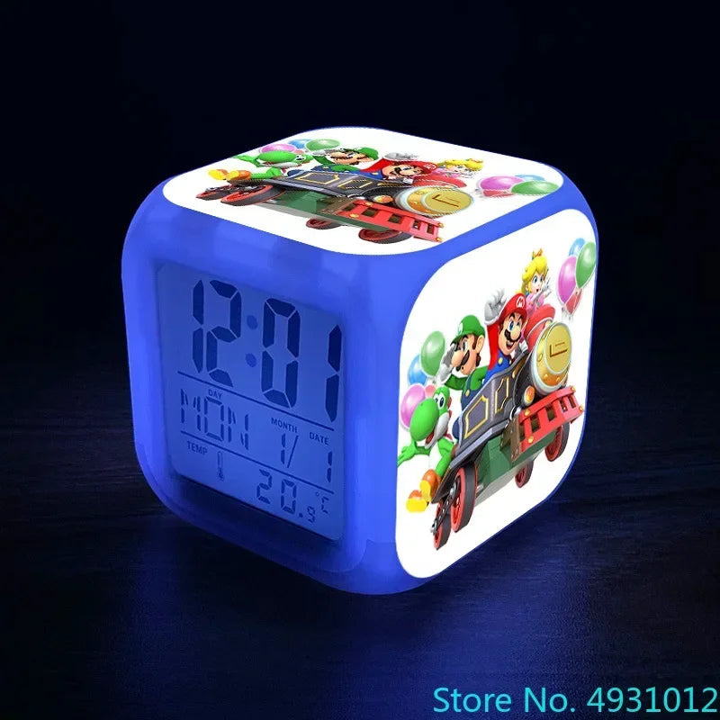Anime Sonic & Mario Bros Figure Model LED Alarm Clock: 7-Color Touch Light Desk Watch