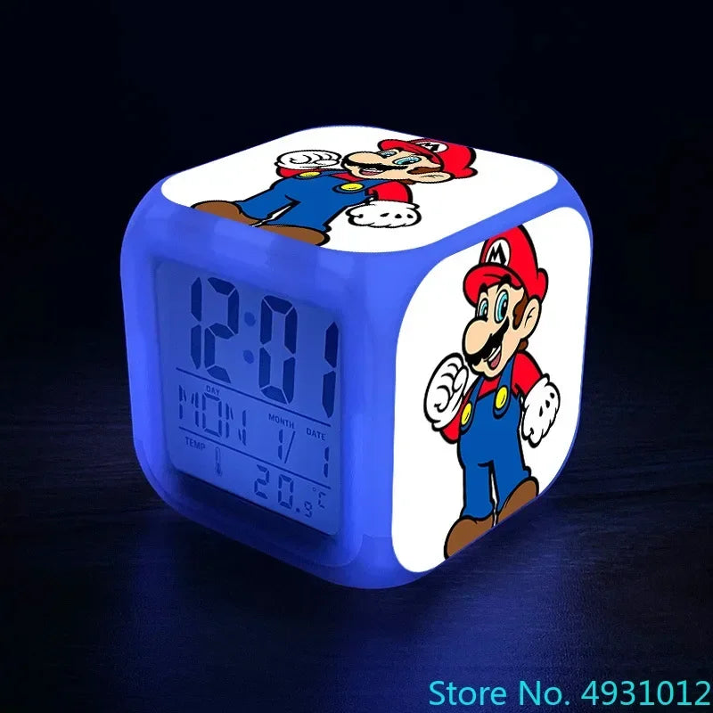 Anime Sonic & Mario Bros Figure Model LED Alarm Clock: 7-Color Touch Light Desk Watch