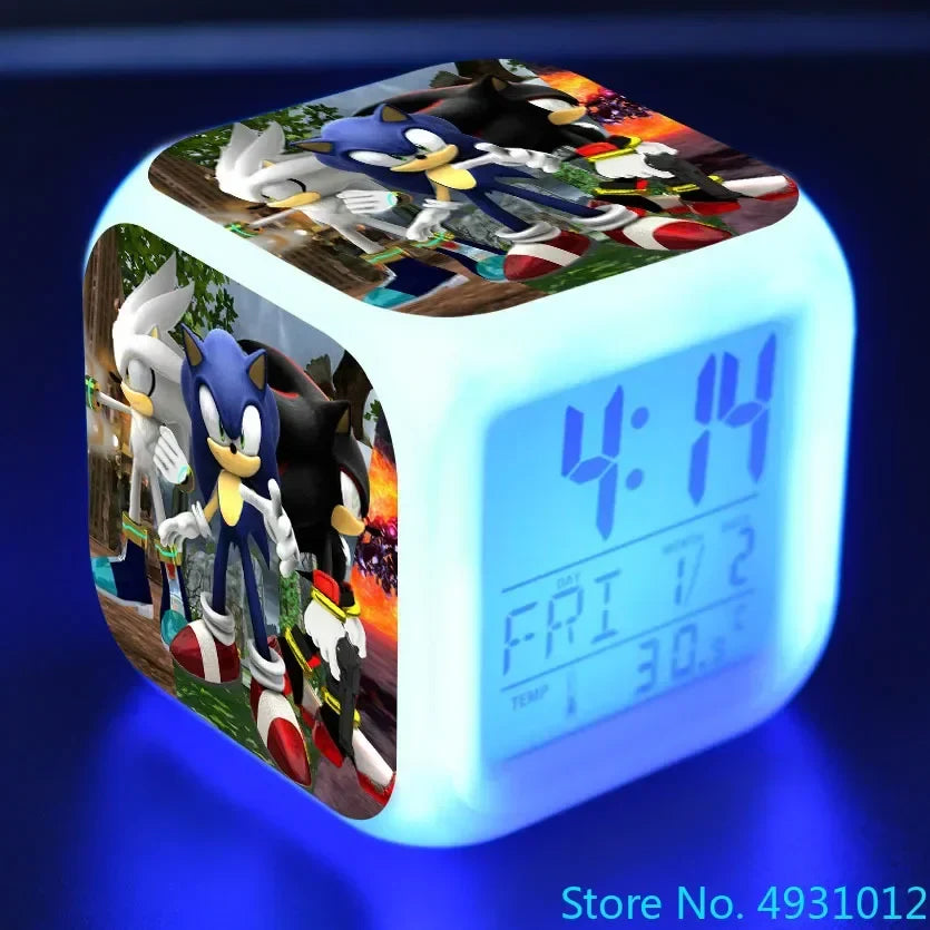 Anime Sonic & Mario Bros Figure Model LED Alarm Clock: 7-Color Touch Light Desk Watch