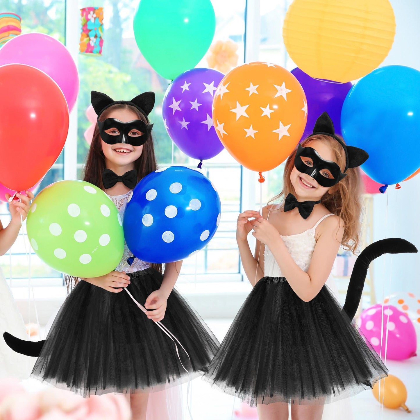 Girls Cute Tulle Halloween Costume Dress Set | Cat Mask Gloves Tail