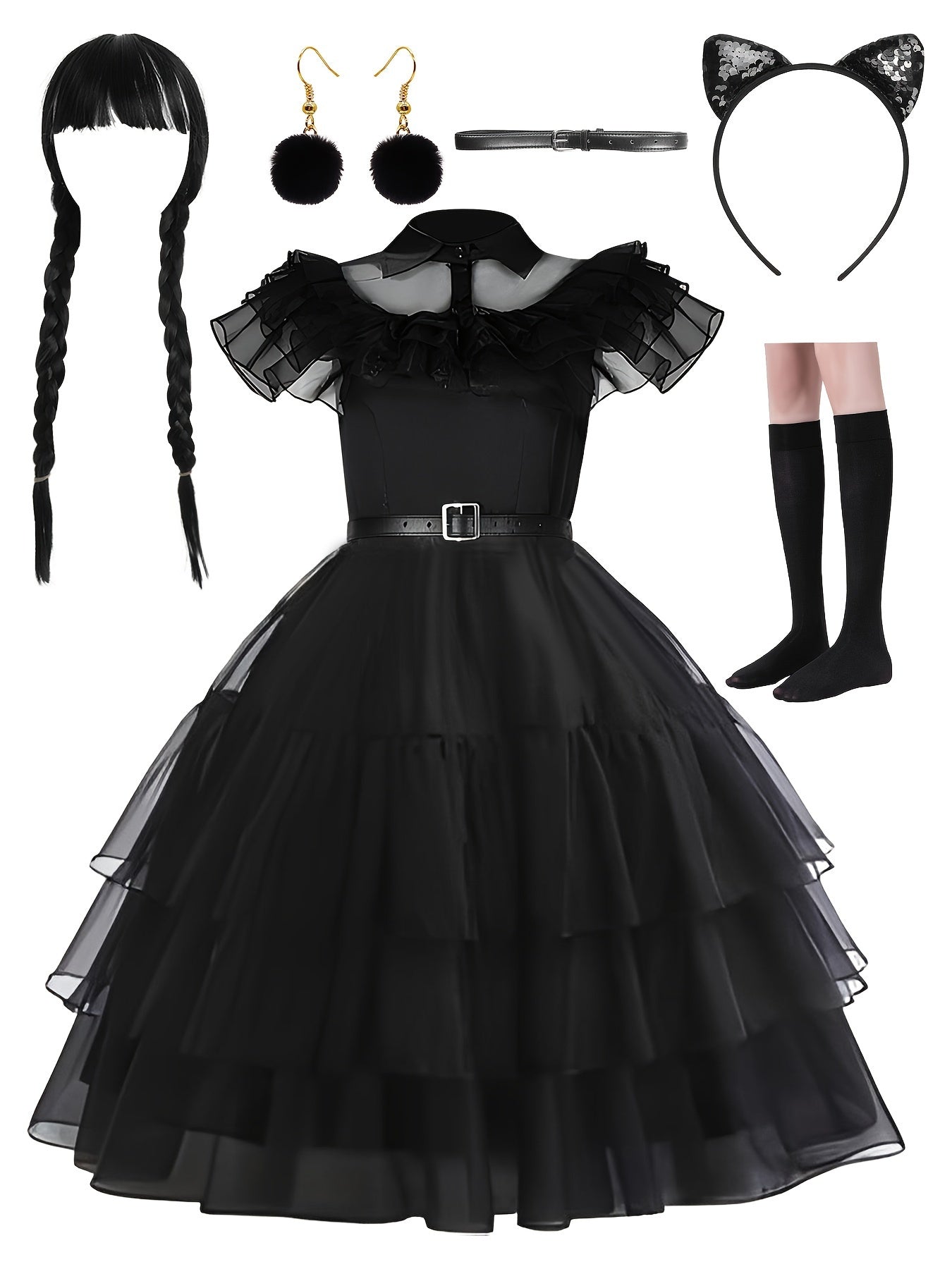Women’s Gothic Layered Halloween Costume Dress Set | Ruffle Midi