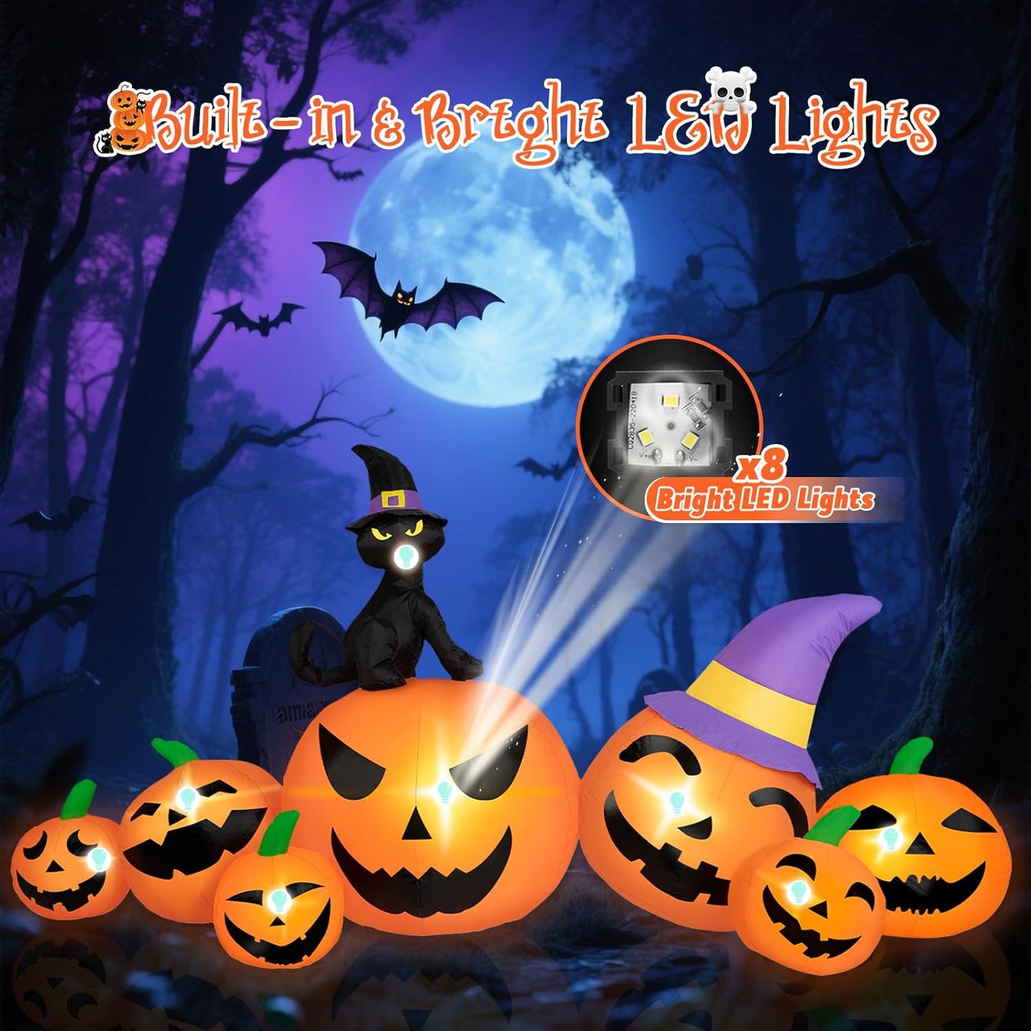 8FT Halloween Inflatable Pumpkin with Black Cat And LED Lights