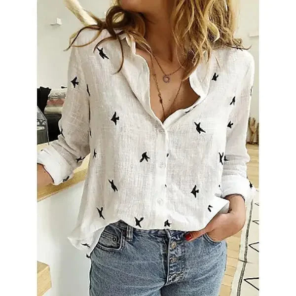 Breathable Cotton Linen Shirt – Long Sleeve Button-Down Blouse with Lapel Design for Everyday Elegance