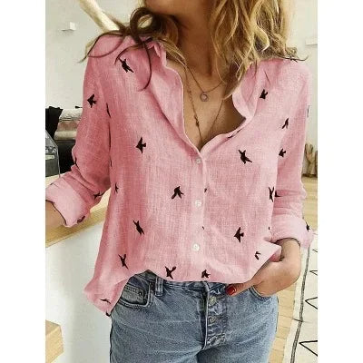 Breathable Cotton Linen Shirt – Long Sleeve Button-Down Blouse with Lapel Design for Everyday Elegance