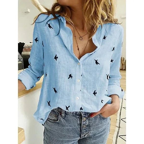 Breathable Cotton Linen Shirt – Long Sleeve Button-Down Blouse with Lapel Design for Everyday Elegance
