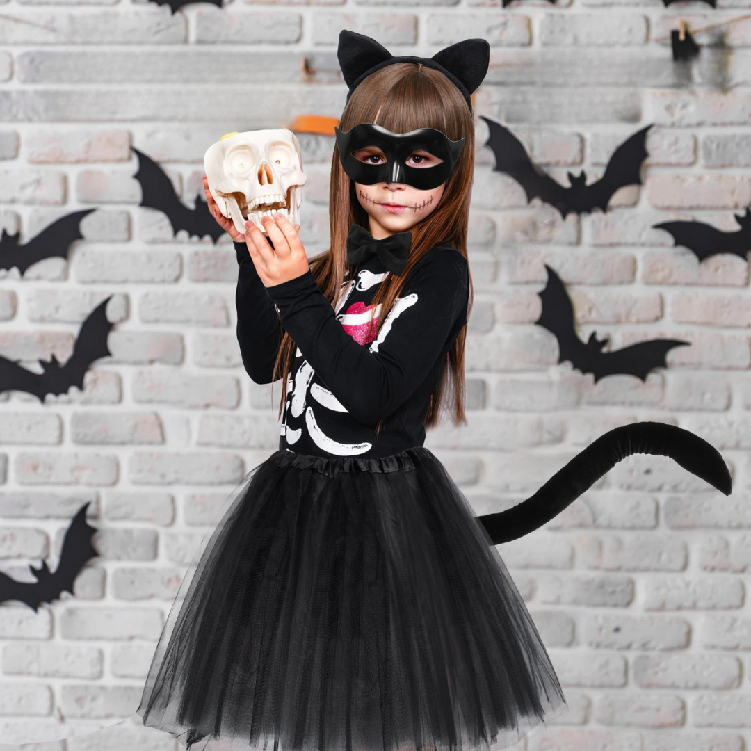 Girls Cute Tulle Halloween Costume Dress Set | Cat Mask Gloves Tail