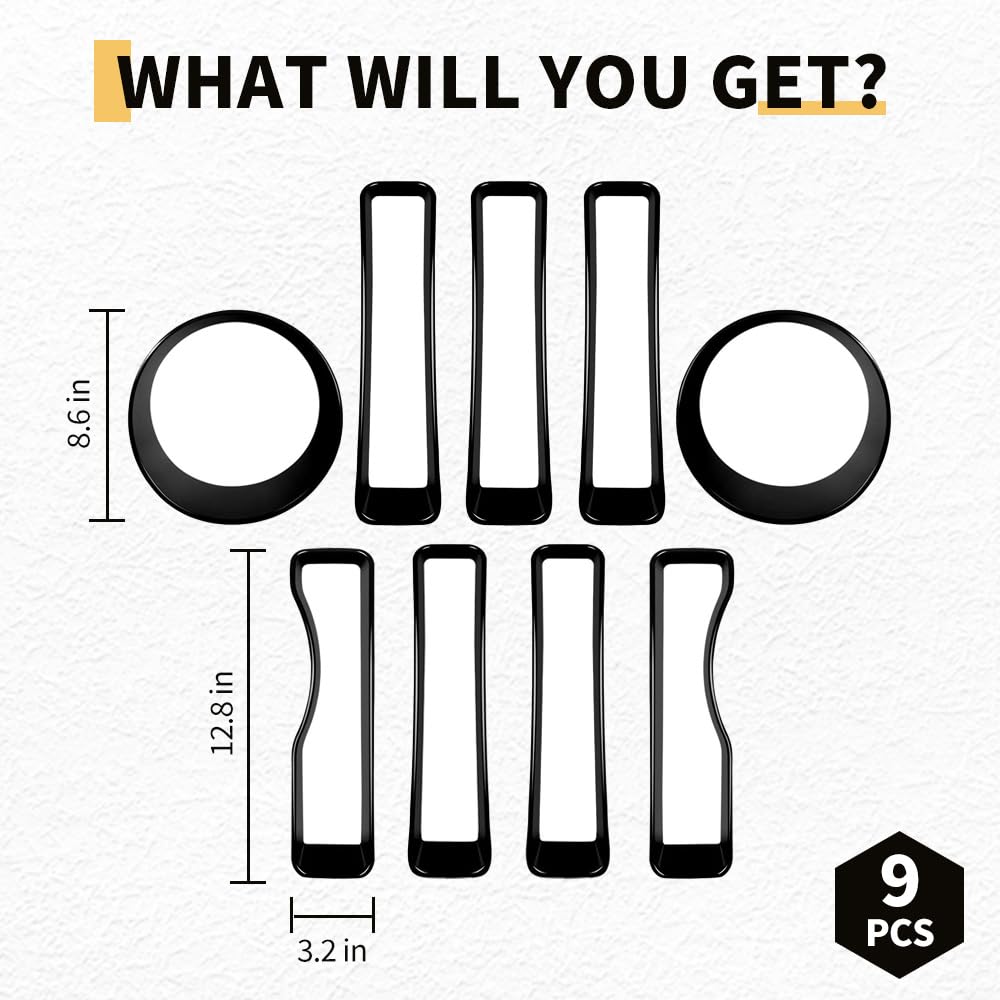 Grille Inserts Headlight Covers Set Fits for Jeep (2018-2023) Wrangler JL JLU(Sport/Sport S)