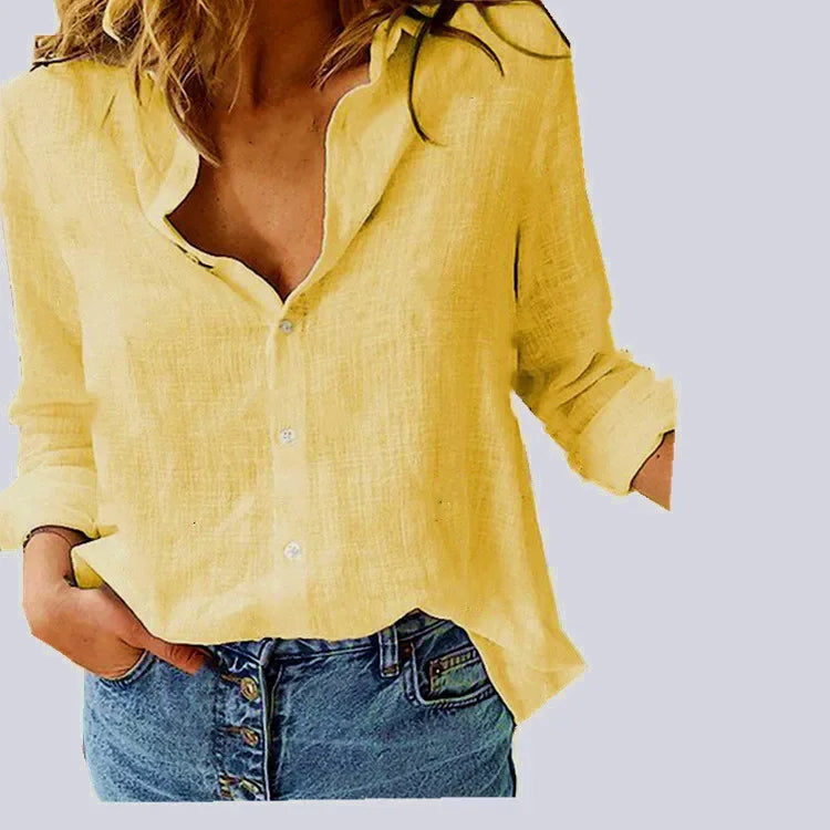 Breathable Cotton Linen Shirt – Long Sleeve Button-Down Blouse with Lapel Design for Everyday Elegance