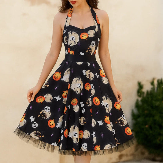 Women's Vintage Halloween Costume Dress | Sleeveless Pumpkin Mini