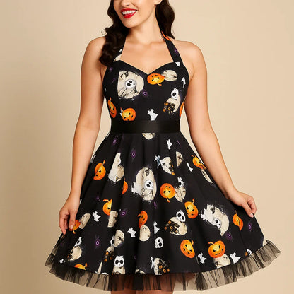 Women's Vintage Halloween Costume Dress | Sleeveless Pumpkin Mini