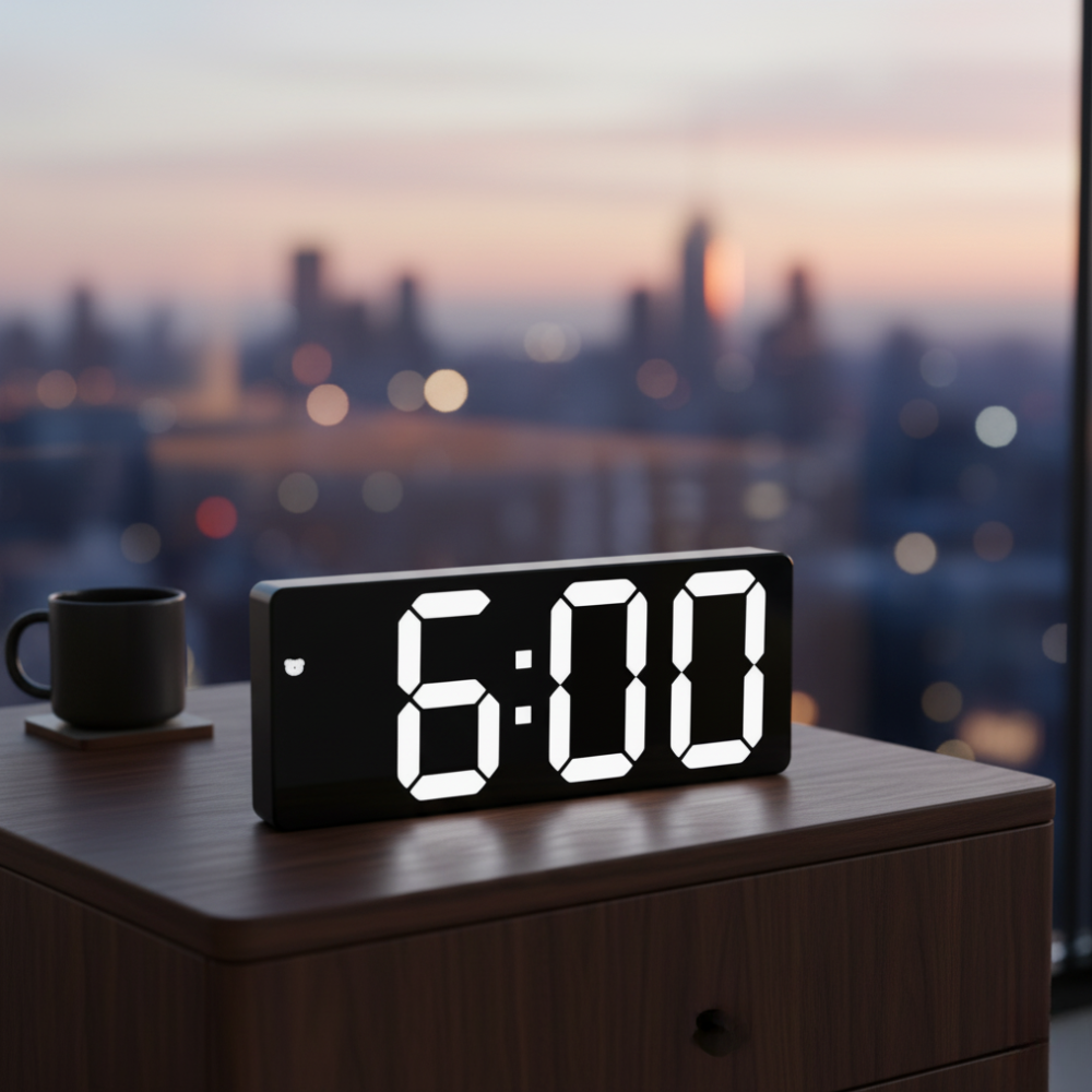 Glass LED Digital Alarm Clock with Temperature Display – Modern Bedside Clock