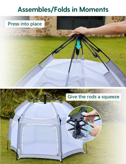 Babelio Foldable Baby Playpen with Canopy, Portable & Sun Protection