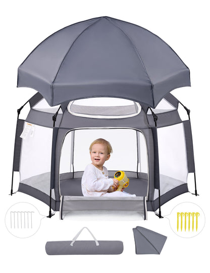Babelio Foldable Baby Playpen with Canopy, Portable & Sun Protection
