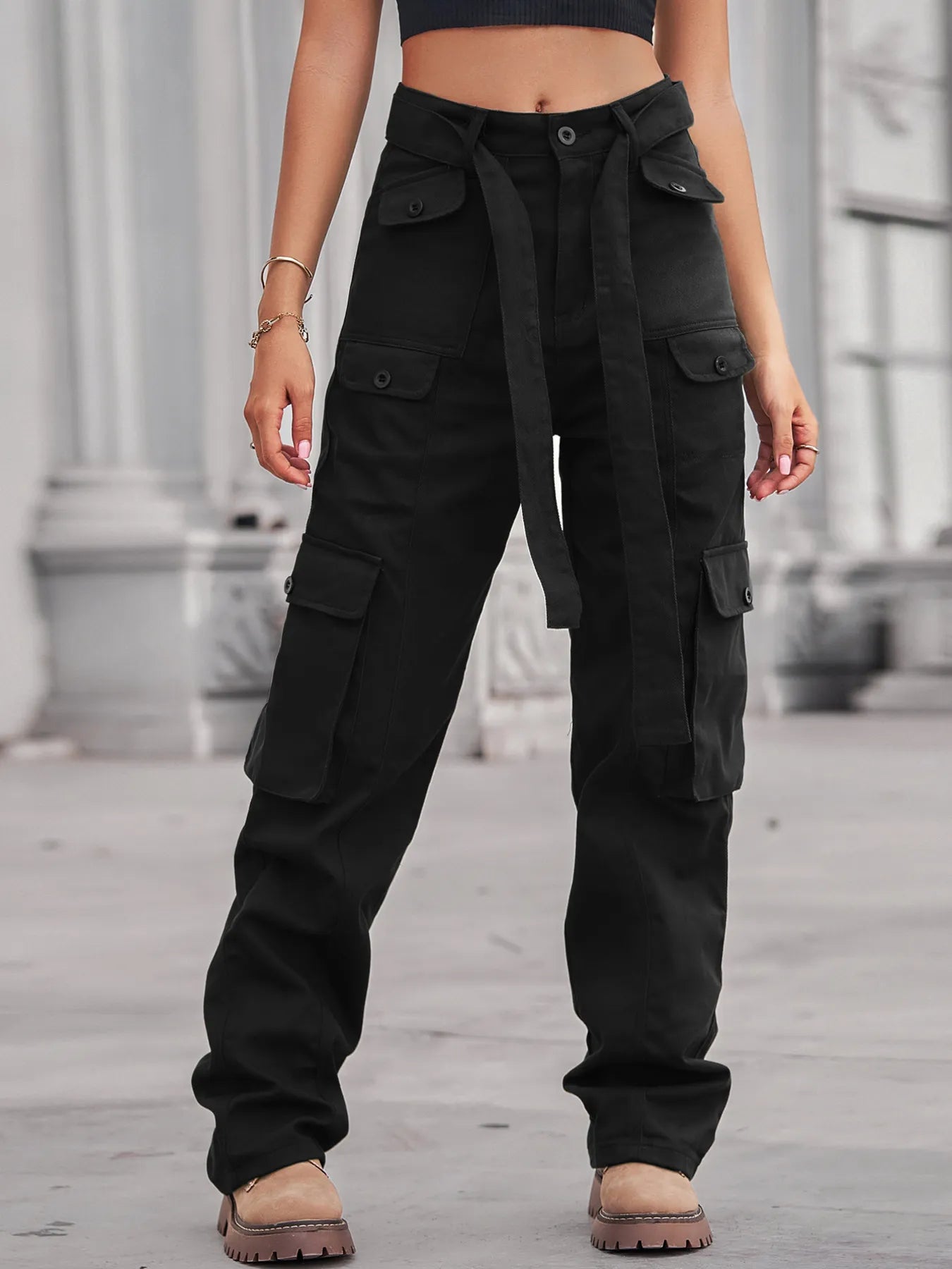 High-Waisted Multi-Pocket Cargo Jeans