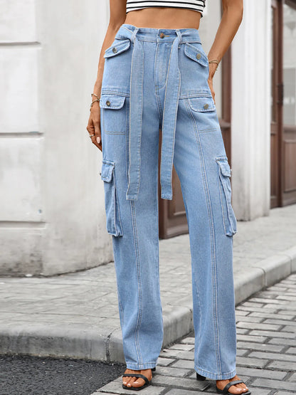 High-Waisted Multi-Pocket Cargo Jeans