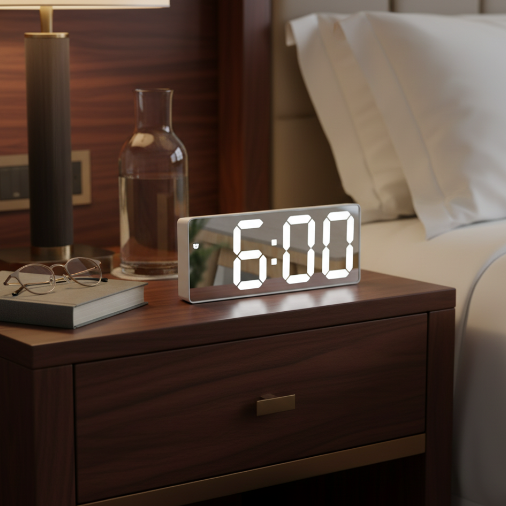 Glass LED Digital Alarm Clock with Temperature Display – Modern Bedside Clock