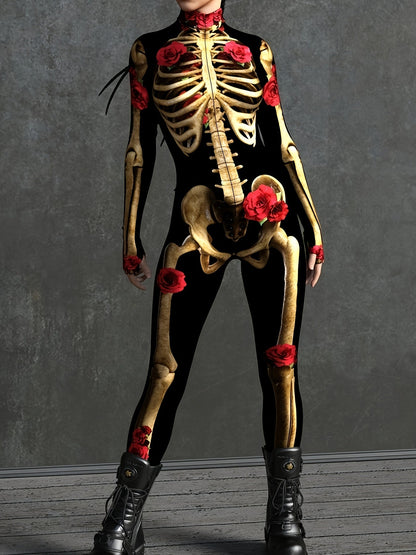 Women Skeleton Print Halloween Costume Jumpsuit | Long Sleeve Stretchy