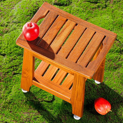 Solid Teak Wood Shower Bench Seat with Storage Shelf