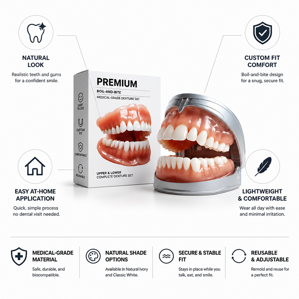 Boil-and-Bite Denture Set – Custom-Fit Upper & Lower Reusable False Teeth