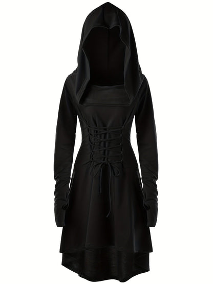 Women’s Medieval Lace Up Halloween Movie Costume Dress | Hooded Long Sleeve