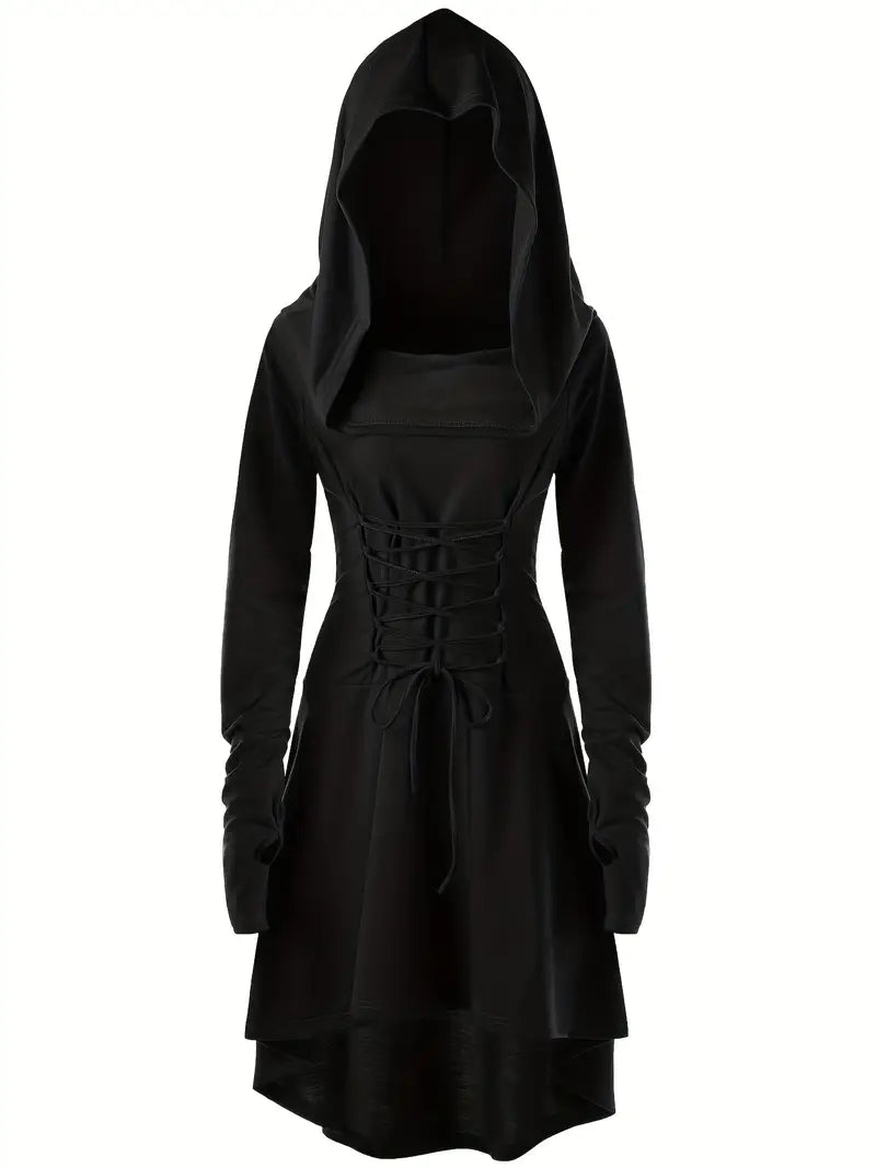 Women’s Gothic Lace Up Halloween Movie Costume Dress | Hooded Long Sleeve